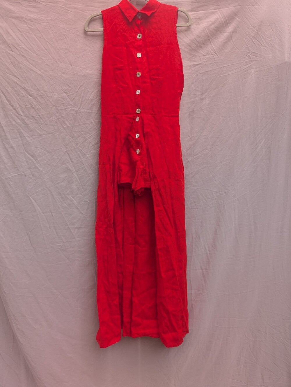 Isabel Fargnoli Red Linen Maxi Dress High Low Shell Buttons Collared M Resort